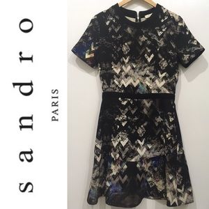 SANDRO A-LINE BLACK PRINT DRESS. SIZE 1